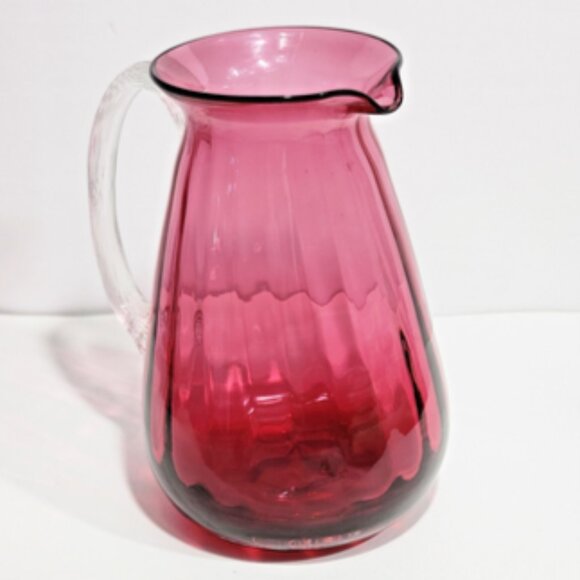 Hand-Blown Pilgrim Cranberry Style Glass Int Optic Ribbed 7" Pitcher Jug Vase - Picture 1 of 11